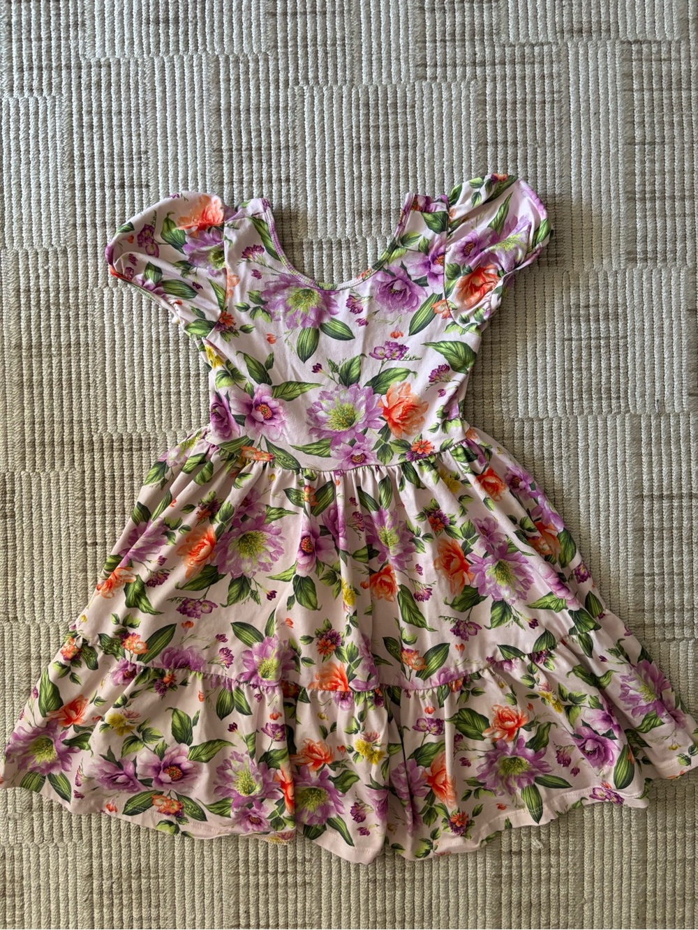 Janie and Jack Pink Floral Puff-Sleeve Dress with Purple and Orange Blooms